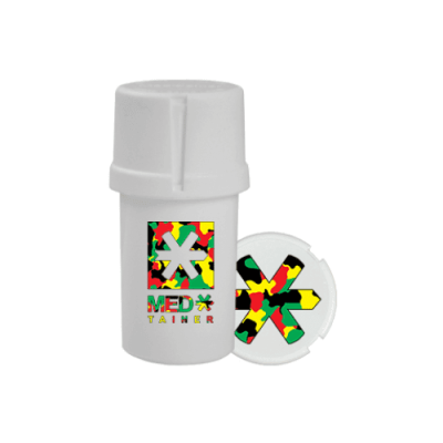 Medtainer | Storage w/ Grinder White w/ Rasta Camo Medtainer | Logo - 20 Dram | Elevate Your Storage and Grind Game