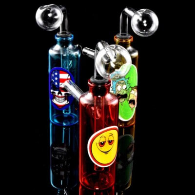 Small Colored Glass Bottle Oil Burner Rig w/ Sticker Decal - Made In USA