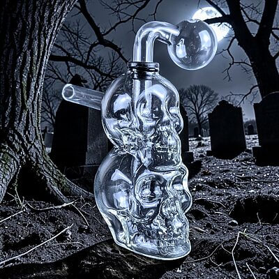 Thick Clear Glass Double Skull Oil Burner Rig - 01